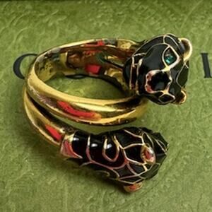 Gucci Garden Tiger Head Statement Ring Gold Plated with Green Crystal Eyes Sz 7